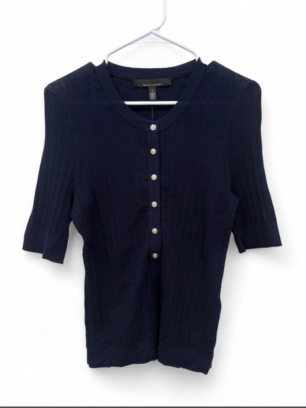 NWT WHBM Navy Ribbed Knit Button Front Elbow Tee Henley Sweater Preppy Classic